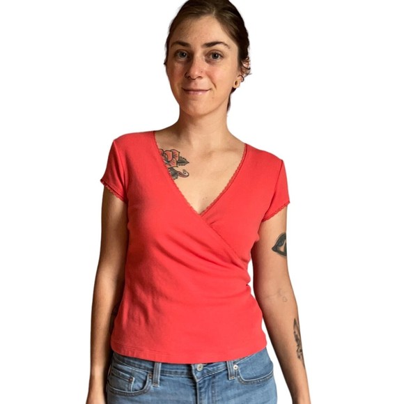 Women's Express Short Cap Sleeve Wrap Look T Shirt Size M Medium Stretchy Orange - Picture 7 of 13